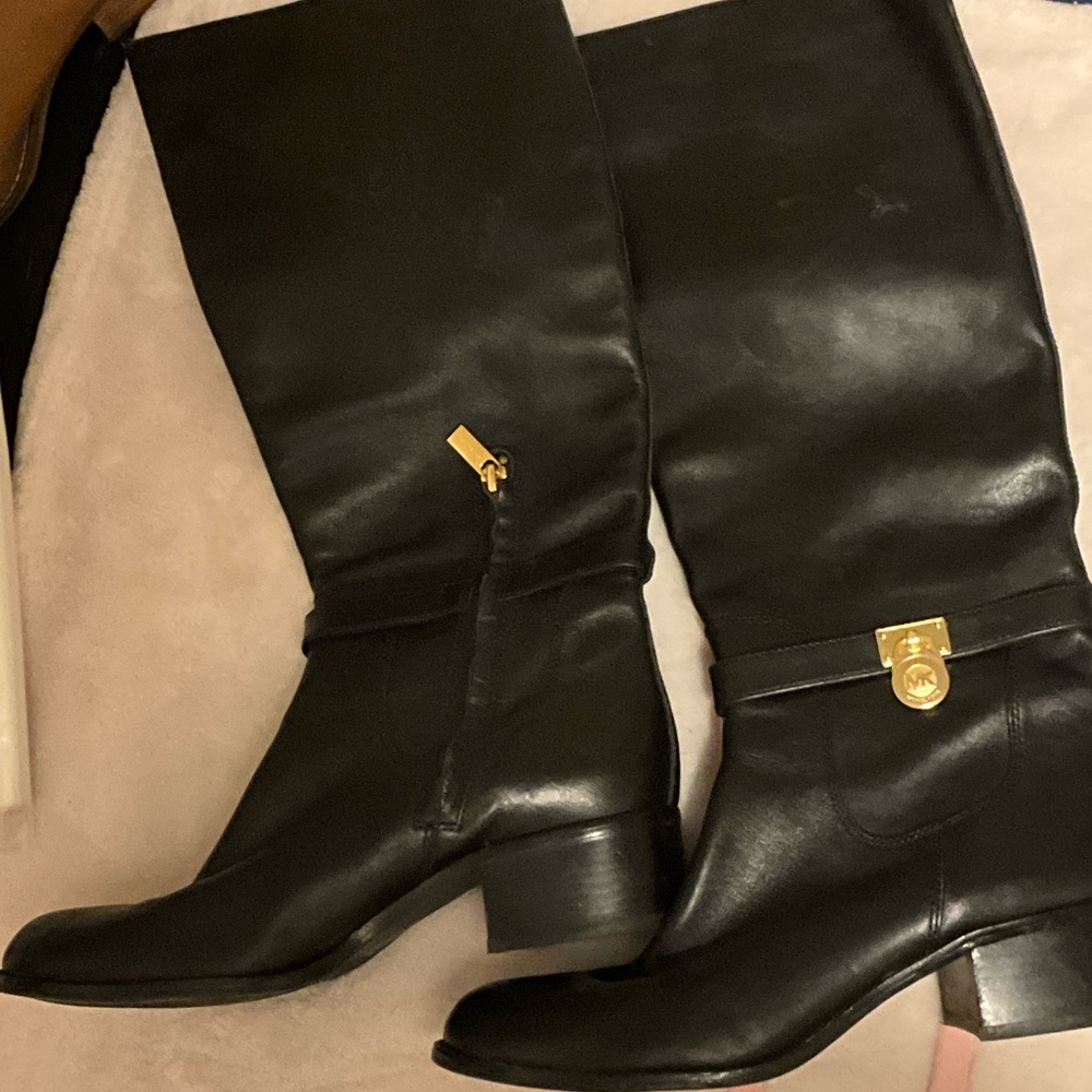 Michael Kors Black Leather Knee-High Riding Boots with Gold-Tone Hardware